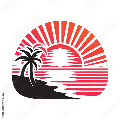 Retro sunset tropical vector silhouette clip art logo design concept illustration
