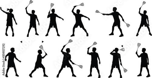 Silhouettes of young athletes playing squash or badminton with rackets, full-length vector illustration depicting action, sport, and dynamic movement.
