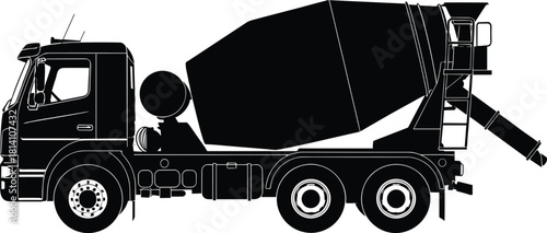 Single cement mixer truck silhouette in side profile, a heavy concrete transportation vehicle essential for construction and building industry vector illustration.