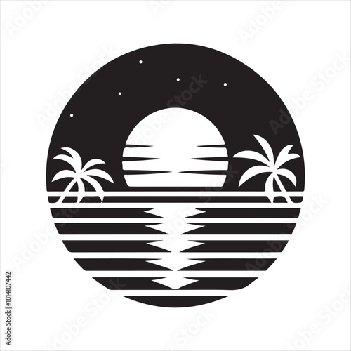 Retro sunset tropical vector silhouette clip art logo design concept illustration