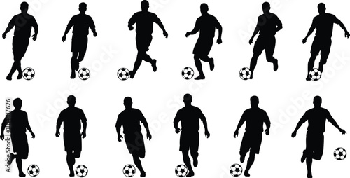 Soccer players silhouettes set, vector illustration of male football athletes kicking or dribbling ball, various poses and actions, dynamic sport graphic element collection, full body.