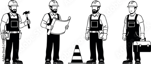 Construction workers with tools helmet blueprint and toolbox vector illustration