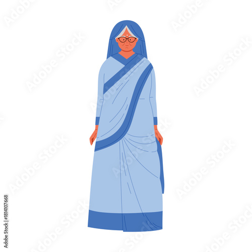 Isolated elderly Indian woman wearing blue saree and glasses standing on white background vector illustration