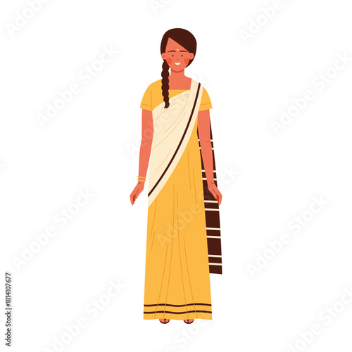 Smiling young Indian woman in yellow saree with braid and bangles, isolated vector illustration