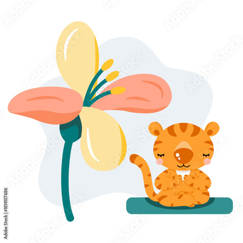 Cute cartoon tiger sitting in lotus position and meditating near big colorful flower. Animal character doing yoga. Illustration for cards, posters.