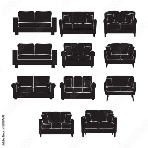 Grid of sofa silhouettes with varied forms, cushions, and side views for design reference