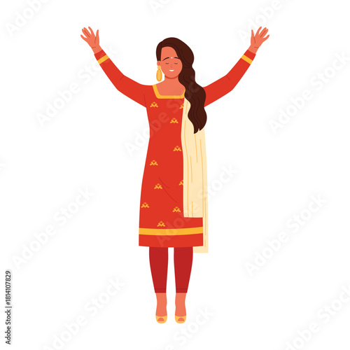 Smiling Indian woman in traditional red outfit with raised arms isolated on white vector illustration