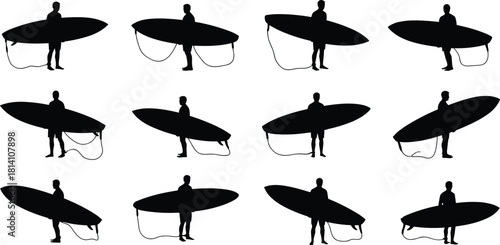 Surfer carrying surfboard silhouettes vector illustration set, featuring people ready for water sports, wave riding, summer vacation, and active beach or ocean activities.