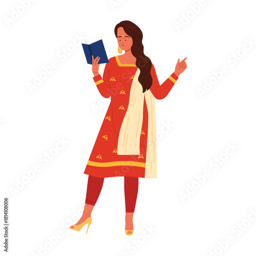 Isolated Indian woman in traditional red attire holding book and gesturing on white background vector illustration