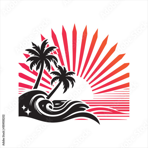 Retro sunset tropical vector silhouette clip art logo design concept illustration