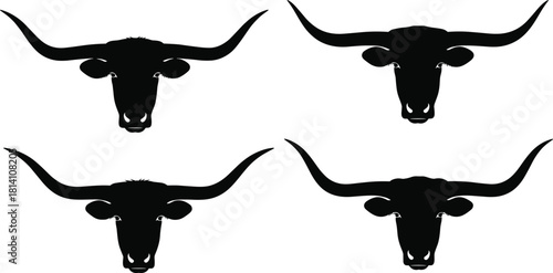 Texas Longhorn Bull Head Silhouettes Set, Cattle with Massive Horns Icons for Western, Ranch, Rodeo, and Farm Branding Vector