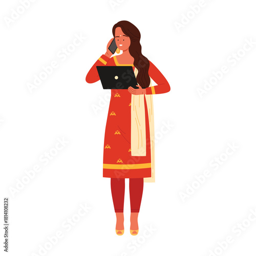 Isolated Indian woman in red traditional dress multitasking with laptop and phone vector illustration