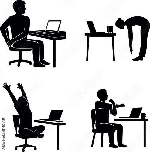 Office worker stretching after long work silhouette Silhouettes of people stretching and working at desks with laptops