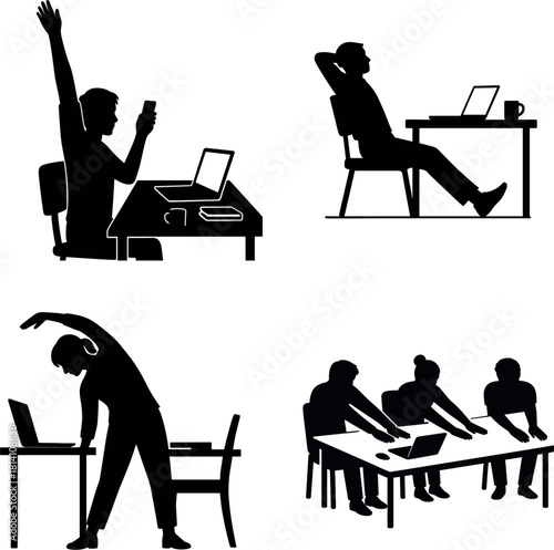 Office worker stretching after long work silhouette Black silhouettes of people working stretching and relaxing at desks and tables