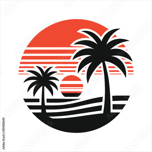 Retro sunset tropical vector silhouette clip art logo design concept illustration