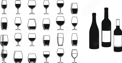 Wine Glass and Bottle Vector Set; Various Types of Stemmed, Stemless, and Tumbler Glassware with Filled Red Wine Silhouettes and Outlines