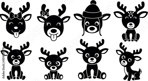 Cute reindeer and bear faces black silhouette vector illustration with playful expressions and winter hat accessory