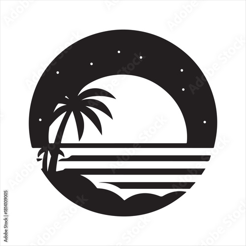 Retro sunset tropical vector silhouette clip art logo design concept illustration