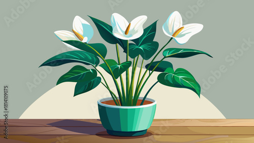 Very beautiful sleek white pot holding white anthurium flowers with lush green leaves, placed on a wooden surface against a pristine white background, creating a clean and minimalistic tropical compos