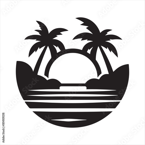 Retro sunset tropical vector silhouette clip art logo design concept illustration