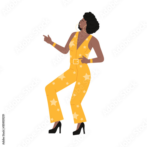 A vibrant and eyecatching illustration depicting a joyful dancer who is wearing a stylish yellow jumpsuit