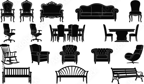 Furniture silhouettes vector set featuring chairs, sofas, dining tables, benches, and office seating in diverse styles, architecture and interior design elements, isolated on white.