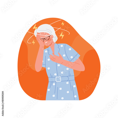 Illustration of an elderly woman with a headache, highlighting sensitivity and various health issues