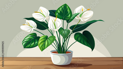 Very beautiful sleek white pot holding white anthurium flowers with lush green leaves, placed on a wooden surface against a pristine white background, creating a clean and minimalistic tropical compos