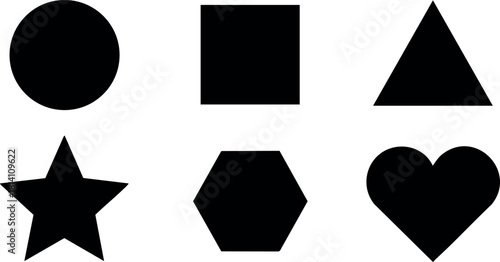 Basic geometric shapes circle square triangle star hexagon heart vector illustration simple icons black silhouette