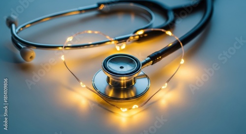Stethoscope with warm heart-shaped fairy lights symbolizing medical care and love