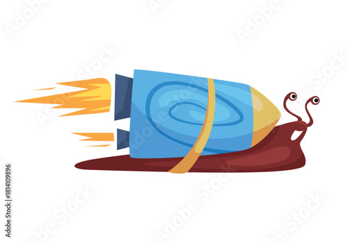 A whimsical and imaginative illustration showing a rocketpowered snail zooming through the bright blue air