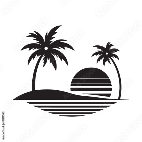 Retro sunset tropical vector silhouette clip art logo design concept illustration