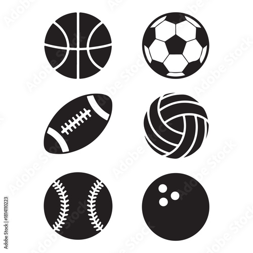 various sports ball icons, vector set of basketball, soccer, football, volleyball, baseball, bowling balls vector silhouette