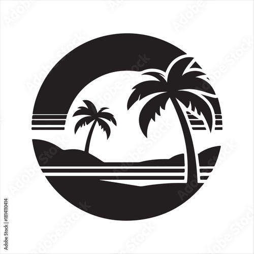 Retro sunset tropical vector silhouette clip art logo design concept illustration