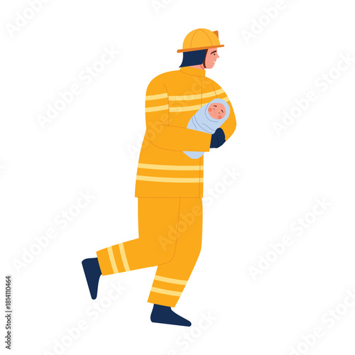 A courageous and heroic firefighter wearing bright yellow gear is running urgently to save a child in distress