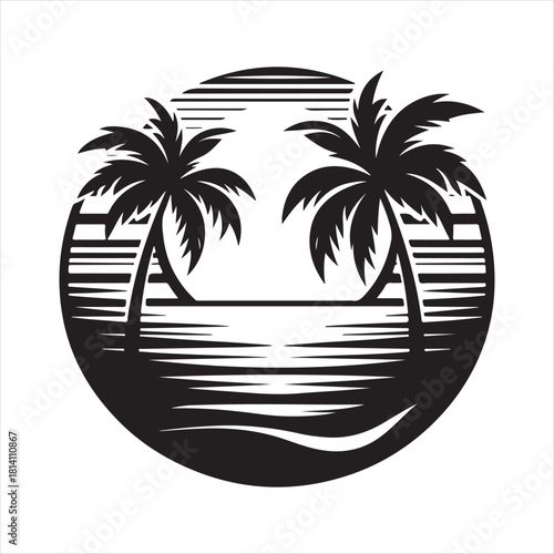 Retro sunset tropical vector silhouette clip art logo design concept illustration