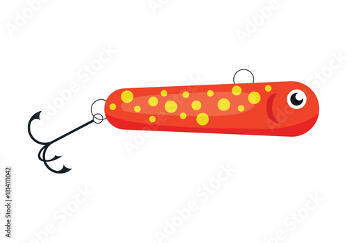 Vibrant red fishing lure with yellow spots and treble hooks for eager anglers. Perfect for catching fish.