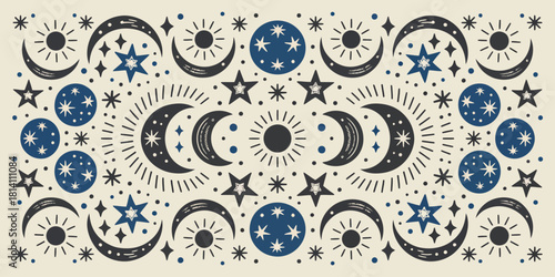 Minimal Celestial Background with Stars, Moons, and Sun Symbols in Soft Blue and Grey Palette, Vector Pattern
