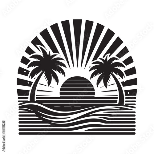 Retro sunset tropical vector silhouette clip art logo design concept illustration