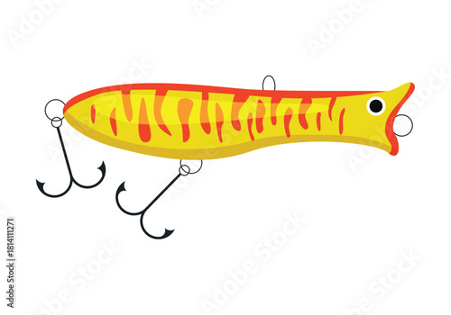 A vibrant fishing lure in yellow and red, expertly designed to attract fish with treble hooks for better catch rates