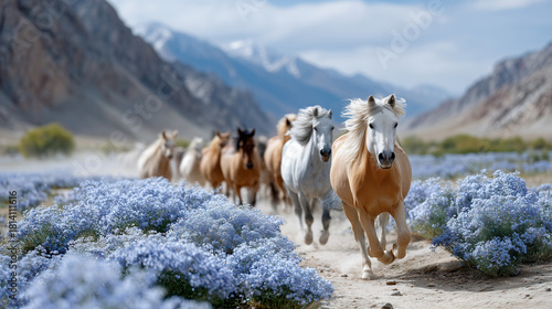 Wildpferde laufen durch Berglandschaft mit bunten Blumenfeldern