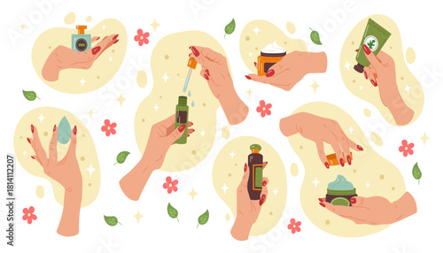 Beauty products set, hygiene routine. Skin care, wellness of person, cleansing of face. Personal care at home. Daily routine. Hand hold cleansing with water, cream tube. Vector tidy illustration