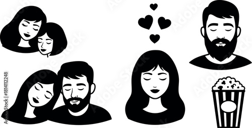 Loving couples and woman with hearts vector illustration simple black design