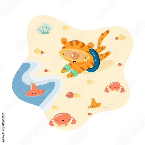 Cute cartoon tiger in diving mask and inflatable ring running along the beach. Animal character on vacation. Summer childish illustration for cards, posters, print for T shirt.