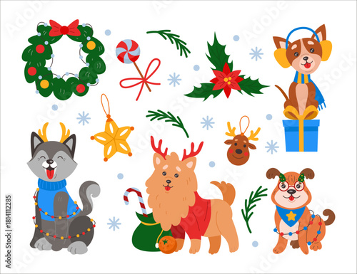 Christmas icon. Holiday dogs. Winter presents. Decorative gifts with happy animals for Xmas preparation. Tree toy. Holly and conifer wreath. Cute elements set. Vector celebration tidy illustration