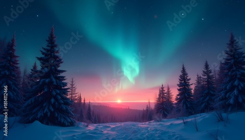 Under a deep indigo winter night sky, countless bright stars twinkle. Dark, sharp silhouettes of pine trees stand against the horizon. Ethereal aurora borealis in shades of emerald and violet paints 