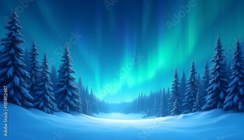 Under a deep indigo winter night sky, countless bright stars twinkle. Dark, sharp silhouettes of pine trees stand against the horizon. Ethereal aurora borealis in shades of emerald and violet paints 