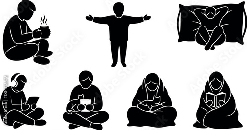 Silhouette children reading drinking relaxing sitting playing vector illustration