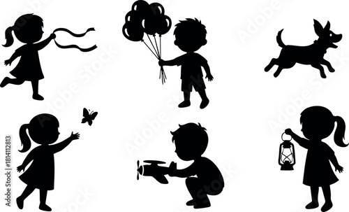 Children playing with balloons butterfly dog and lantern silhouettes vector illustration