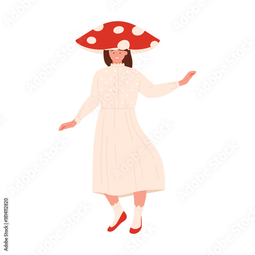 A whimsical girl in a colorful mushroom hat radiates joy and vibrant creativity in this playful illustration